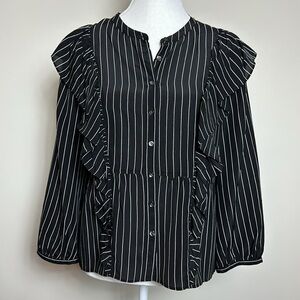 Madewell 100% Silk Black &‎ White Stripe Ruffled Button Down Size Medium